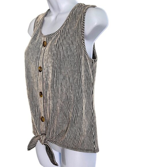 Ava James Black White Striped Sleeveless Top Front Tie Faux Buttons Medium NEW - Picture 3 of 10